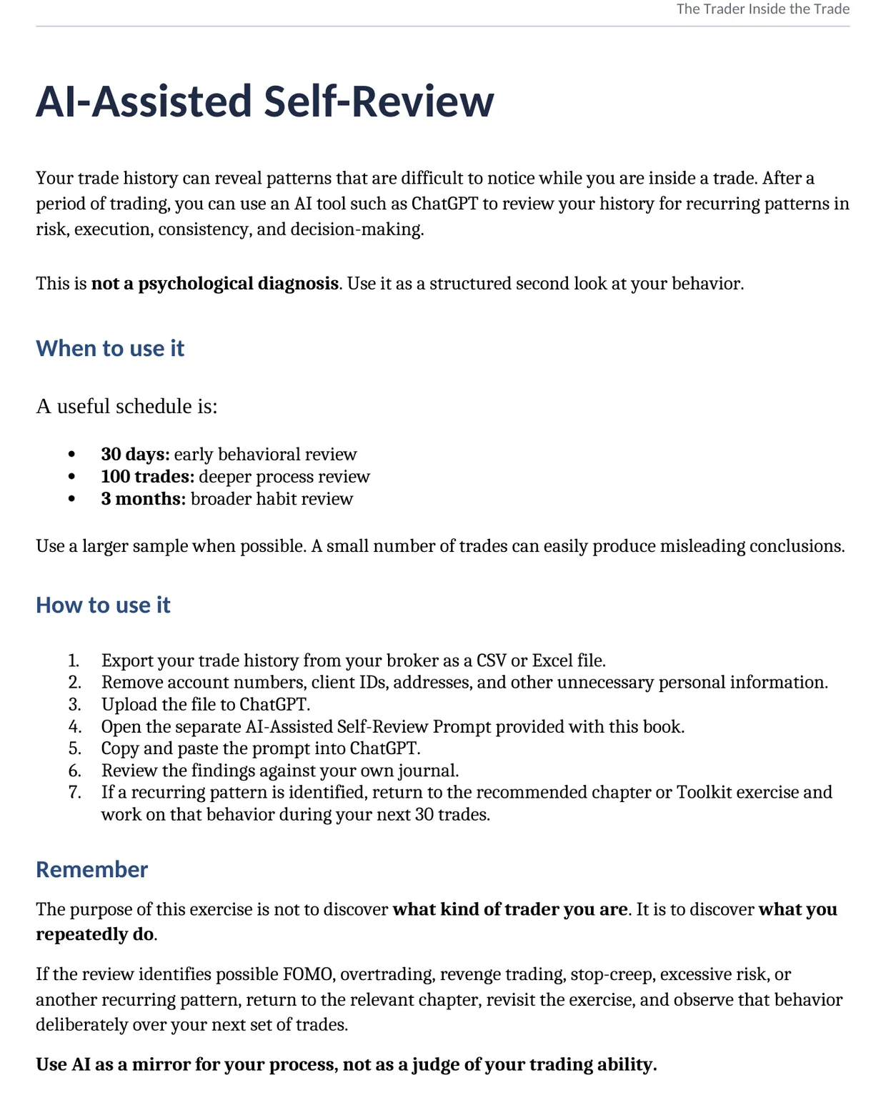 Interior page: AI-Assisted Self-Review, explaining when and how to use the review