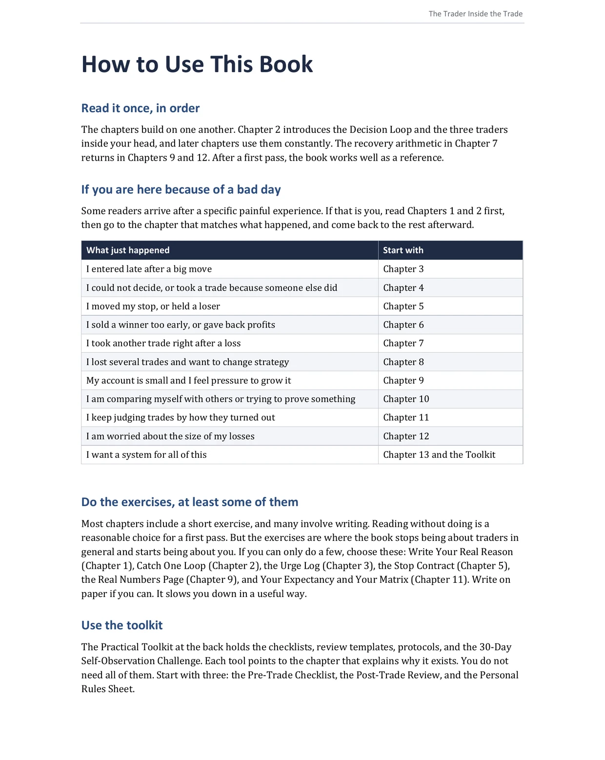 Interior page: Table of Contents, page 2, listing Parts VI and VII, the Practical Toolkit, and the back matter