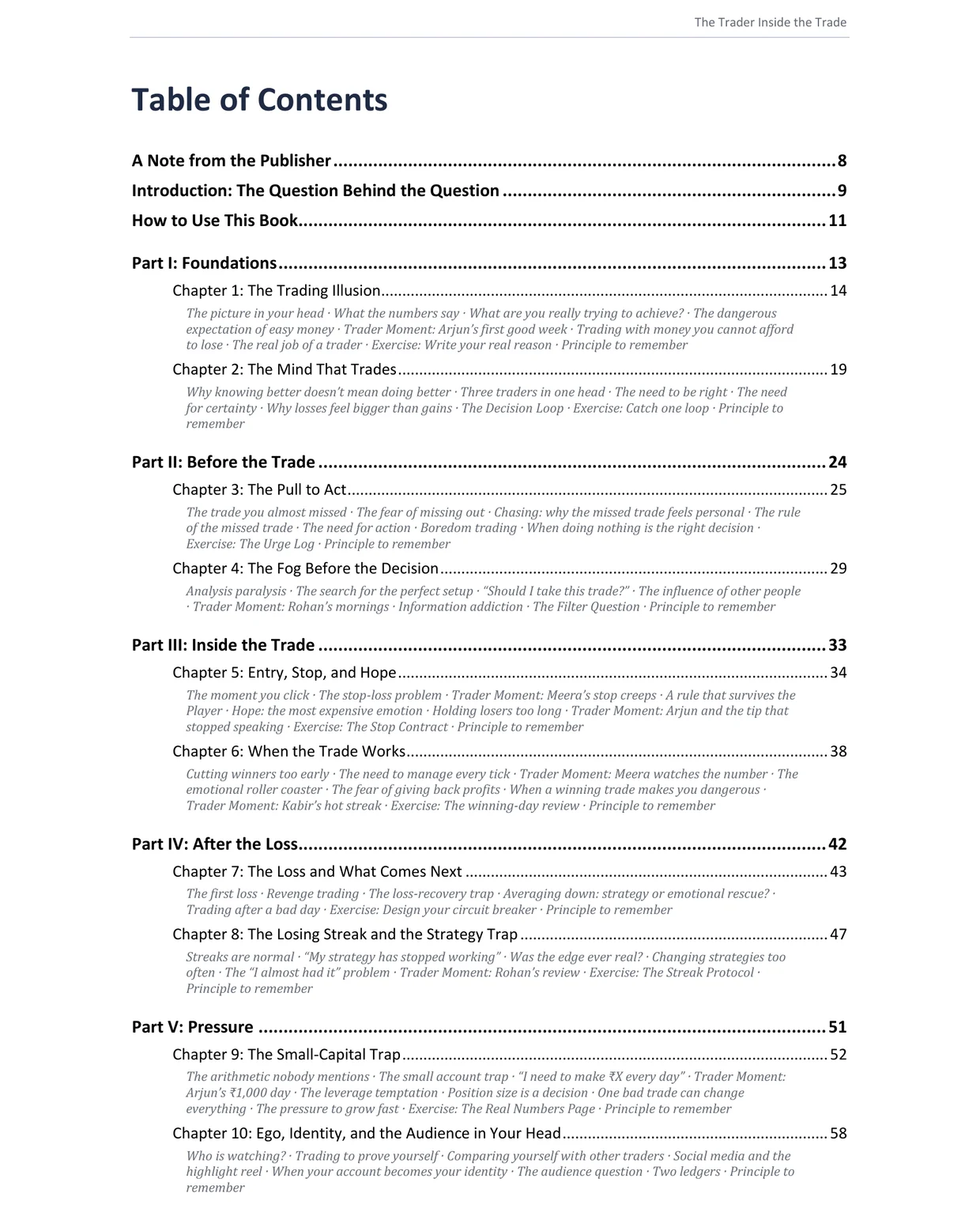 Interior page: Table of Contents, page 1, listing the front matter, Parts I to V and their chapters