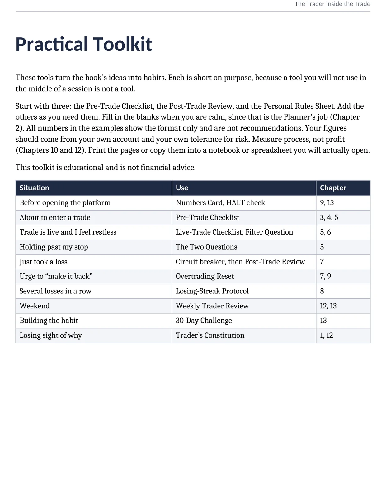 Interior page: Practical Toolkit introduction with a table matching situations to tools and chapters